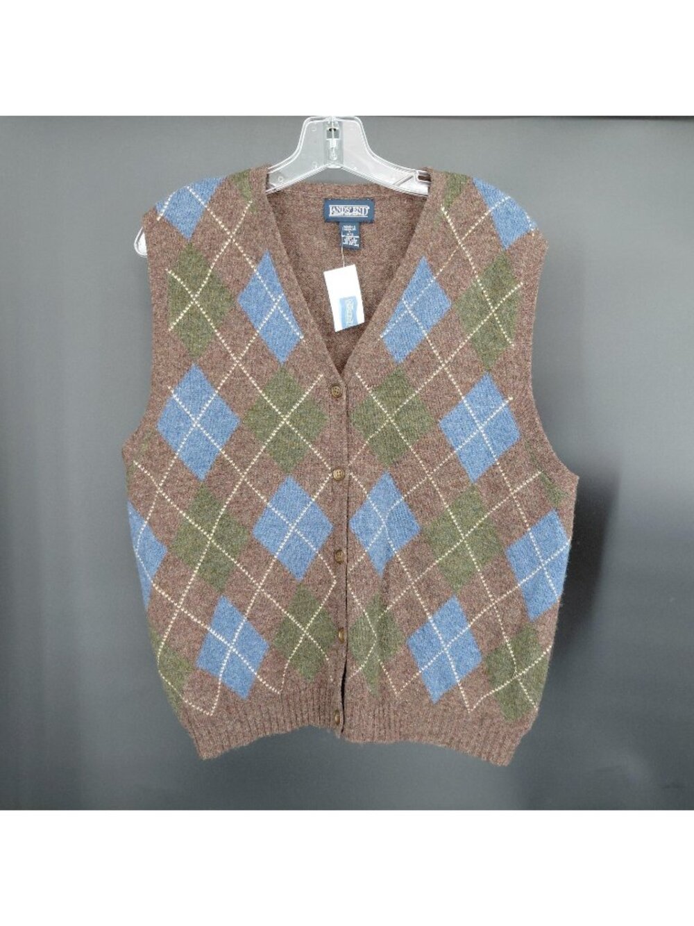 Vint Lands' End Sweater Vest Womens Large Brown Argyle Lambswool Preppy Academia